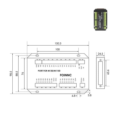 Technical diagram of DM500 Offline Motion Controller For 3 To 4 Axis With USB Independent Interface Hand Wheel Ready CNC Controller.