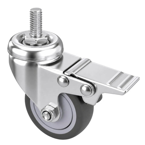 2 Inch M8-1.25 Metric Caster Wheels With Locking Brakes Set Of 4 TPR Swivel Casters close-up view of gray wheel and metal locking mechanism.
