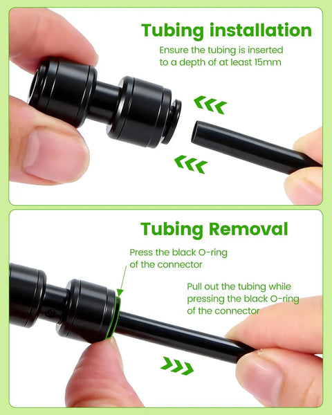 Hands demonstrating tubing installation and removal for 36 Pack Quick Connect One Quarter Inch Straight Couplings For Drip Irrigation Systems.
