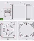 Dimensions diagram of ZYT83-10S Brushed Lathe Motor 120W 110V 2500RPM M10 Shaft for metal lathe machine replacement part.
