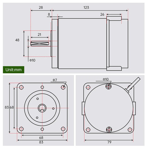 Dimensions diagram of ZYT83-10S Brushed Lathe Motor 120W 110V 2500RPM M10 Shaft for metal lathe machine replacement part.