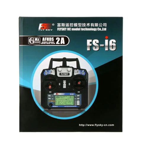 Flysky FS i6 AFHDS 2A 2.4GHz 6 Channel Radio Transmitter For RC Helicopter And Glider With FS iA6 Receiver Mode 2 box front view