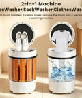 Triple Threat Semi Auto Mini Washer Dryer For Sneakers And Workout Gear Slick Compact Spin Machine With Quick Release Basket Great For Dorms Rvs And Tiny Spots Zero Hassle Heavy Duty Deep Clean showcasing the dual washer layout with shoes and clothes.