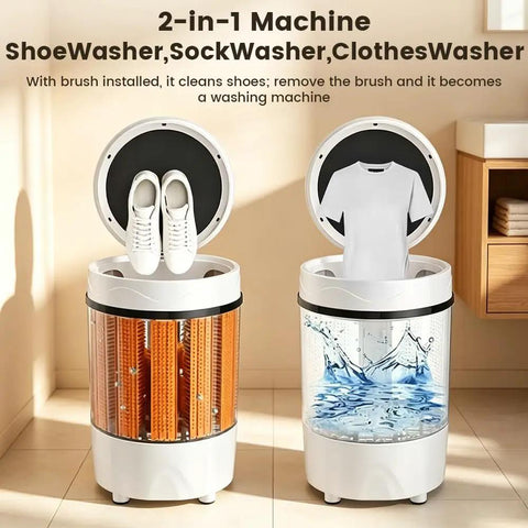 Triple Threat Semi Auto Mini Washer Dryer For Sneakers And Workout Gear Slick Compact Spin Machine With Quick Release Basket Great For Dorms Rvs And Tiny Spots Zero Hassle Heavy Duty Deep Clean showcasing the dual washer layout with shoes and clothes.