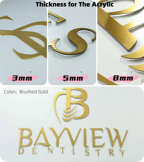 Dope Fully Customizable 3D Laser Cut Acrylic Sign For Wall Display, Brushed Gold Bayview Dentistry with 3mm, 5mm, 8mm options