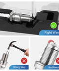 Correct and incorrect use of Go-To Universal Spark Plug Gap Tool With 32 Blade Steel Feeler Gauge for spark plug gapping.