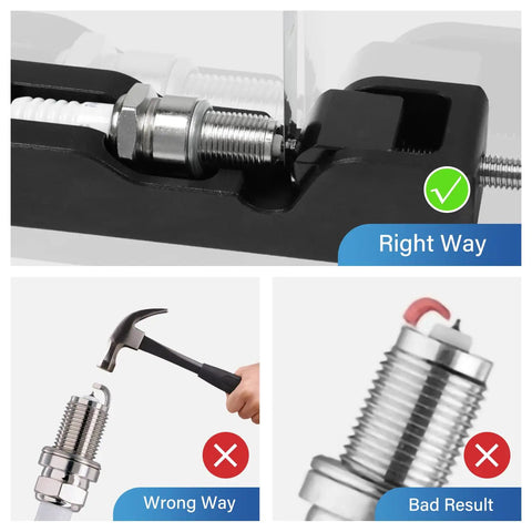 Correct and incorrect use of Go-To Universal Spark Plug Gap Tool With 32 Blade Steel Feeler Gauge for spark plug gapping.