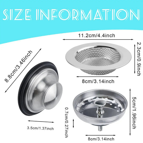 Universal Three In One Kitchen Sink Stopper Strainer Set With Stainless Steel Basket Drain Filter Perforated Sieve For Three And A Half Inch Drains Anti Clogging Easy Fit Keeps Water In Traps Scraps
