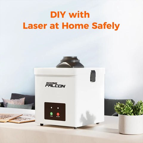 Heavy Duty Smoke Purifier For Falcon A1 Laser Engraver Fits Popular Enclosure, 7.95x7.2x7.2 inch white unit on a table.