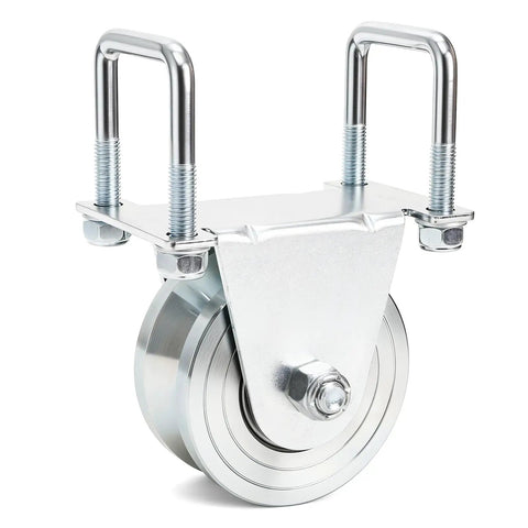Heavy Duty 4 Inch V Groove Gate Wheel With Dual U Bolts For Sliding Gates Up To 3000 Lbs External Mount No Welding Needed Inverted V Track Roller