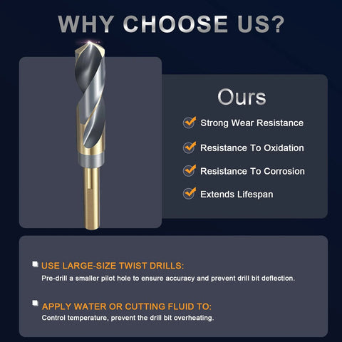 Drill bit with black and gold finish; high-speed steel, 1/2-inch reduced 3-flat shank (front view)