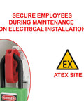 Universal Miniature Circuit Breaker Lockout Device For OSHA Compliant Lockout Tagout Programs, installed on electrical panel