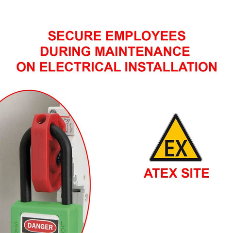 Universal Miniature Circuit Breaker Lockout Device For OSHA Compliant Lockout Tagout Programs, installed on electrical panel