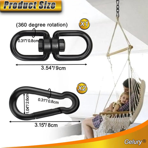 Rock Solid Black 304 Stainless Steel Swivel Ring With Twist Resistant Dual Snap Hooks And Smooth Action Rotation For Tree Swing Hammock Heavy Duty Rigging M8 Size dimensions with 360-degree rotation feature