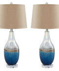Beachy Glass Table Lamp Set Of 2 In Clear And Blue With Sand Brown Banding, Modern Glass Lamps For Living Room And Bedroom, Drum Shade