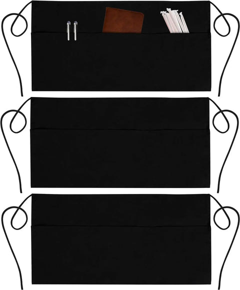 Three Pack Black Server Aprons With Pockets For Waitstaff Water Resistant Durable Spun Polyester Long Straps Reinforced Seams Half Apron For Men And Women Easy Care For Cafes Bars Restaurants