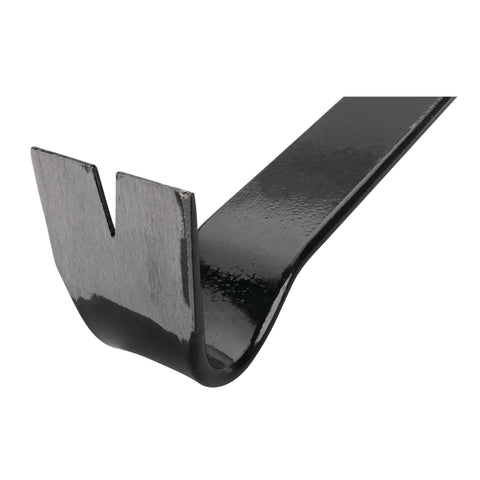 Close-up of 15 Inch Heavy Duty Flat Pry Bar With Integrated Nail Puller Rust Resistant Enamel Finish Ultra Durable Forged Heat Treated Carbon Steel Crow Bar