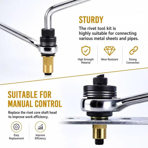 Kickass Head Rivet Nut Tool Kit With M3 M4 M5 M6 M8 Adapters For Auto Body Repair showing heavy duty hand tool with gold fittings.