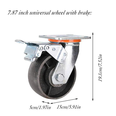 Four Pack Heavy Duty Cast Iron Caster Wheels Built Tough For Real World Heavy Lifting Around The Shop Or Garage Featuring Badass Durability Friction Free Swivel Action And Reliable Parking Brake Systems, showing a 7.87 inch wheel with brake.