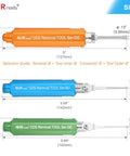 Three automotive pin removal tools in orange, blue, and green with sizes for Heavy Duty DdS Metal Storage Handle Pin Removal Kit.