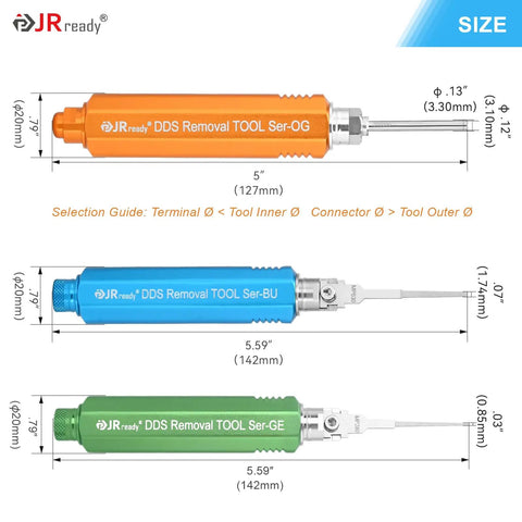 Three automotive pin removal tools in orange, blue, and green with sizes for Heavy Duty DdS Metal Storage Handle Pin Removal Kit.