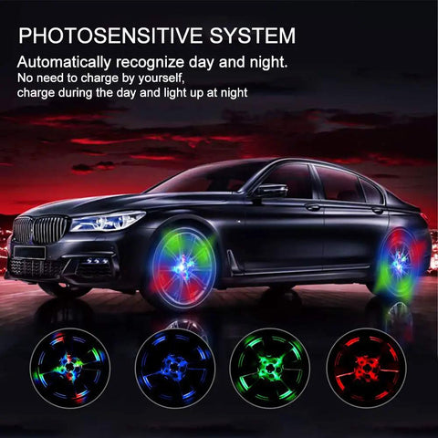 Car with Solar Car Wheel Hub Lights Led Tire Lights With Motion Sensor Four Pack Colorful Waterproof Rim Lamps glowing