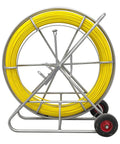 Heavy Duty Fiberglass Fish Tape Duct Rodder Workhorse Reel With Smart Brake And Dual Wheels 820 Feet Long on wheeled frame.