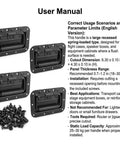 User manual for Large Recessed Spring Loaded Steel Handle Set 4 Pack For Flush Mount Cabinets Flight Cases And Racks shown with installation details and screws.