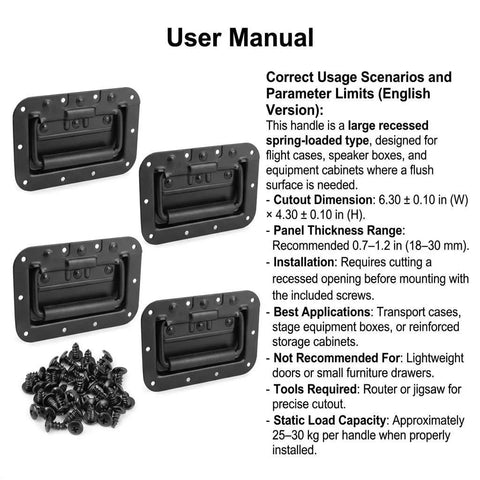User manual for Large Recessed Spring Loaded Steel Handle Set 4 Pack For Flush Mount Cabinets Flight Cases And Racks shown with installation details and screws.