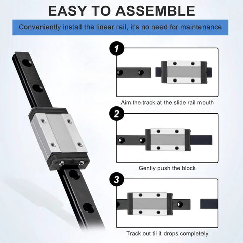 MGN12 450mm Linear Rail Guide with MGN12H Bearing Block installation guide, showing easy assembly steps for DIY 3D printing projects.
