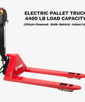 Heavy Duty 4,400 Lb Capacity Electric Pallet Truck With Lithium Ion Battery Walk Behind Pallet Jack For Warehouses Factories And Loading Docks Featuring Electric Brake For Smooth Efficient Operation, red design.
