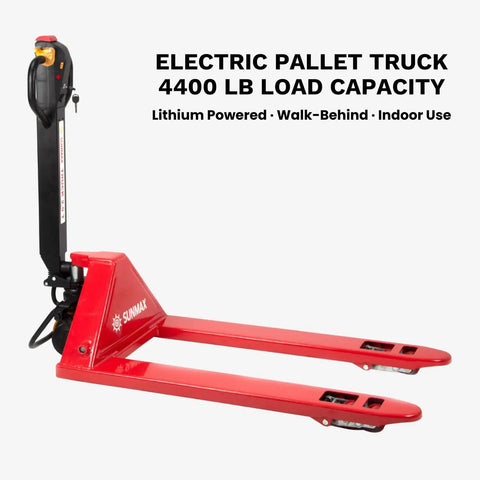 Heavy Duty 4,400 Lb Capacity Electric Pallet Truck With Lithium Ion Battery Walk Behind Pallet Jack For Warehouses Factories And Loading Docks Featuring Electric Brake For Smooth Efficient Operation, red design.