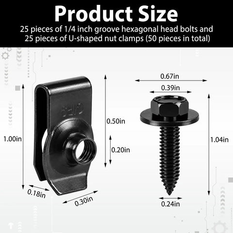 Heavy Duty Fifty Piece Quarter Inch Automotive Body Bolt And U Nut Clip Fastener Kit includes 1/4 inch bolt and nut size details.