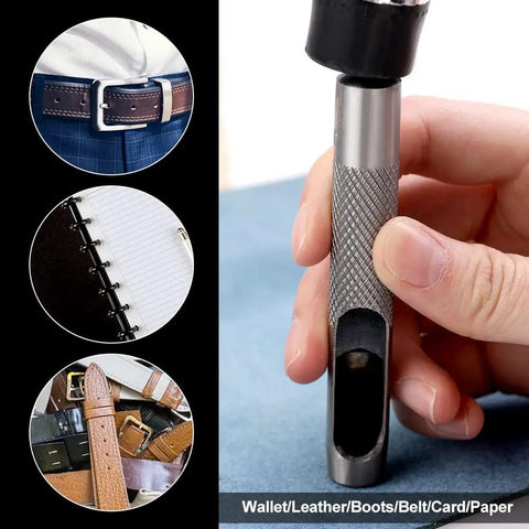 Person holding a 19mm Round Hollow Leather Punch Tool For Crafting Durable Carbon Steel Hollow Punch Cutter With Knurled Handle