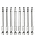 Top Shelf 10 Piece T27 Security Torx Bits With S2 Steel Magnetic Grip Quarter Inch Hex Shank 3 Inch Reach Tamper Proof Star Drivers in a row.