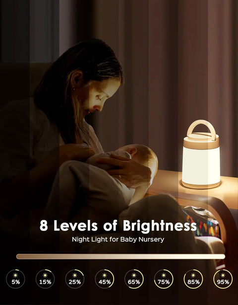 Mother with baby next to colorful baby night light for nursery and kids room with 10 colors and 8 dimmable levels