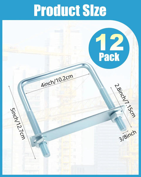Heavy Duty No Sweat Assembly 12 Piece Square U Bolt Set Zinc Plated Hardware Kit Includes Frame Plates And Nuts, 4x5 inch size