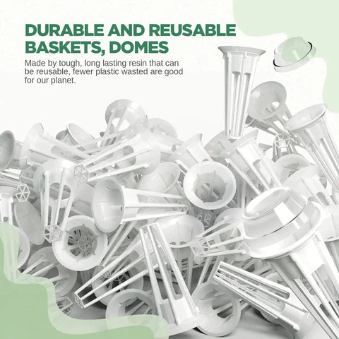 Durable and reusable baskets and domes for All In One Hydroponic Seed Pod Kit With 172 Pieces Including 60 Growing Sponges, 25 Baskets