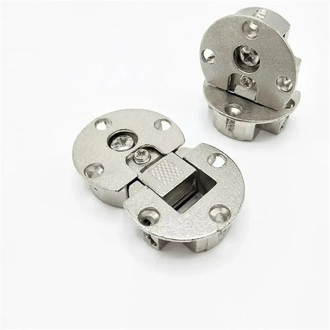 Close-up of Zinc Alloy Double Cup Concealed Folding Hinges, Adjustable Flat Cabinet Hinges for Durable Doors.