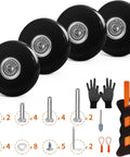 Replacement Luggage Wheels And Hacksaw Kit For Suitcases with four PU swivel casters, axles, spacers, mini hacksaw, and gloves.