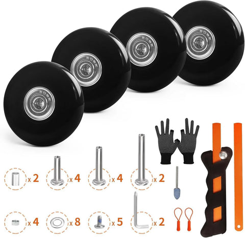 Replacement Luggage Wheels And Hacksaw Kit For Suitcases with four PU swivel casters, axles, spacers, mini hacksaw, and gloves.