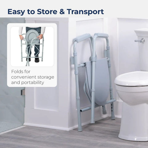 Foldable Steel Bedside Commode Chair 3 In 1 Raised Toilet Seat And Bathroom Safety Frame Featuring Pretty Dang Sturdy 350 Lb Capacity Portable Gray Commode For No Sweat Recovery