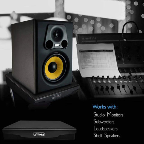 Black speaker on Speaker Isolation Pads For Studio Monitors Subwoofers And Loudspeakers, 10.4 by 13 inch foam riser with rubber base