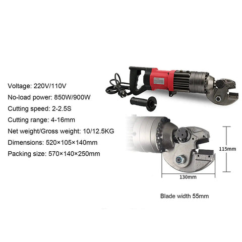 VgtHK Hydraulic Rebar Cutter For 4-16Mm Steel Rope And Round Mild Steel, showing front view, dimensions stated, 850W power tool.