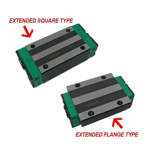 Heavy Duty High Precision Linear Guide Rail Kit HGH25HA And HGW25HC Bearing Slider Blocks Designed For Smoother 3D Printing CNC Machining Projects With Zero Stick-Slip Operation And Rock Solid Stability. Two HGH20HA and HGW25HC blocks shown, extended square and flange types.