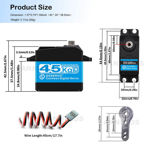 Product dimensions and components for Beefy 45Kg High Torque RC Servo With 8.4V Coreless Motor Stainless Steel Gears Waterproof Low Profile Steering