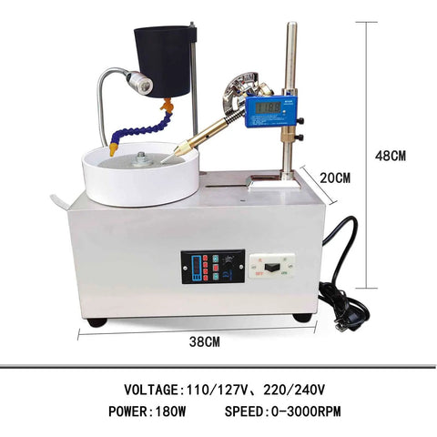 Electric Gem Faceting Machine Pro Grade With Digital Display And Precise Mechanical Manipulator 180W shown with dimensions