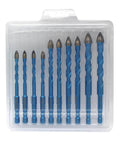 Masonry diamond drill bit set, 10 pieces, blue-coated, in clear plastic case (front view)