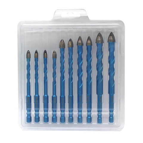 Masonry diamond drill bit set, 10 pieces, blue-coated, in clear plastic case (front view)