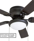 Hugger 52-Inch Matte Black Ceiling Fan With Bowl Light Kit Low Ceiling Friendly Dimmable Frosted Light 5-Blade Matte Black Finish